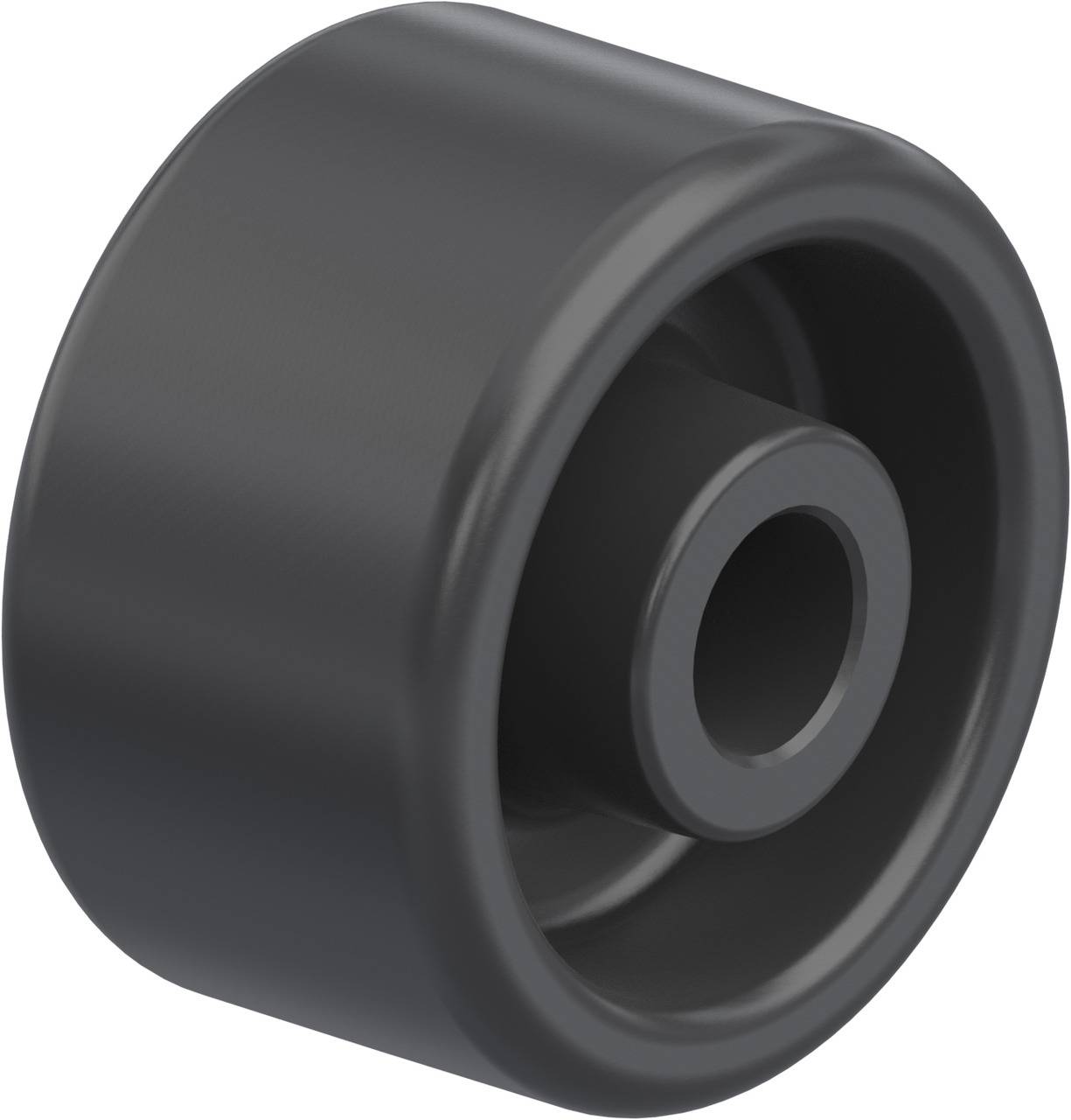 Schwarzes Rollenrad, zylindrisch, mit glatter Oberfläche, wahrscheinlich aus Kunststoff, geeignet für Möbel oder Industrieanwendungen.