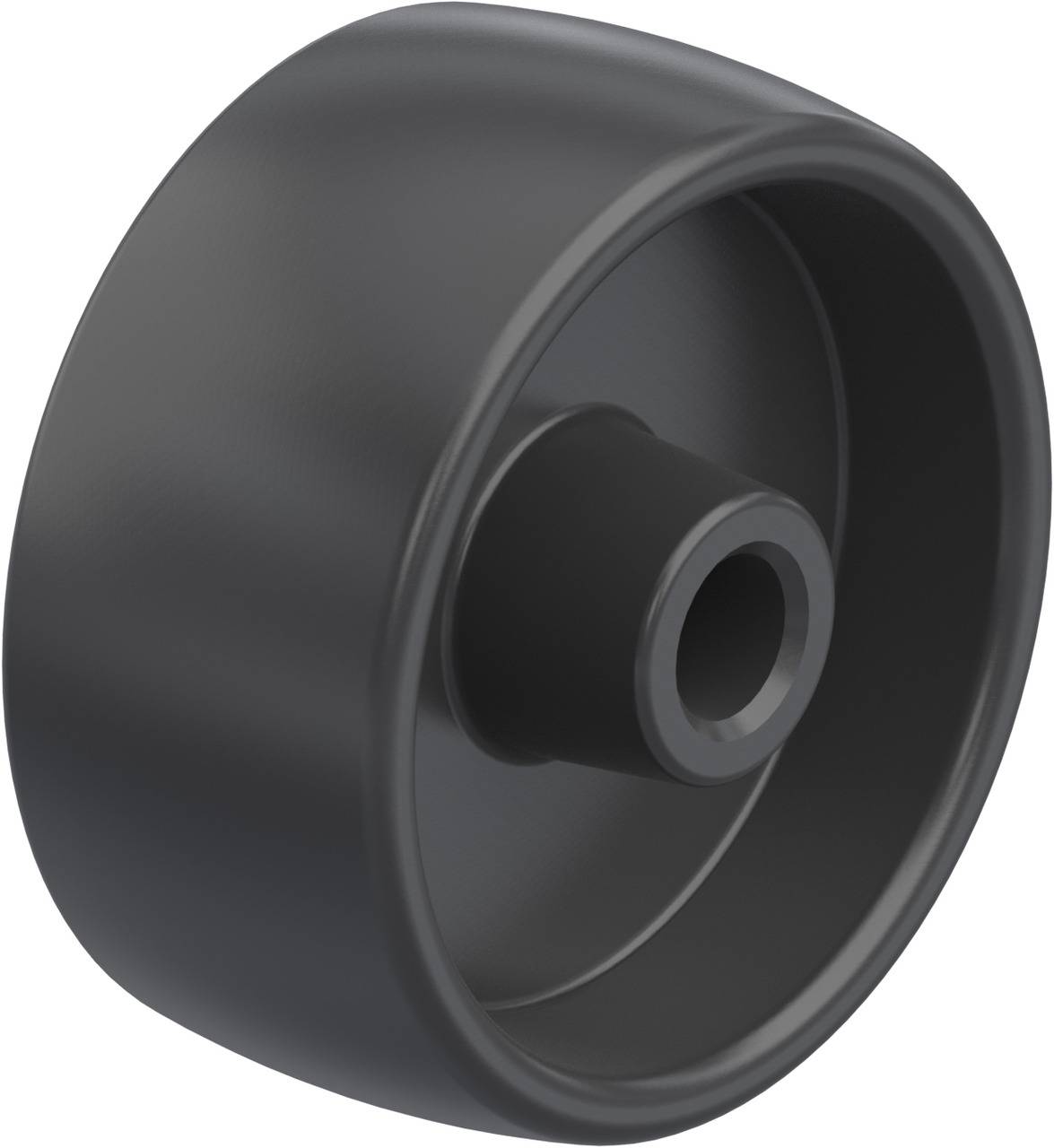 Schwarzes Kunststoffrad in Seitenansicht, leicht angewinkelt.
