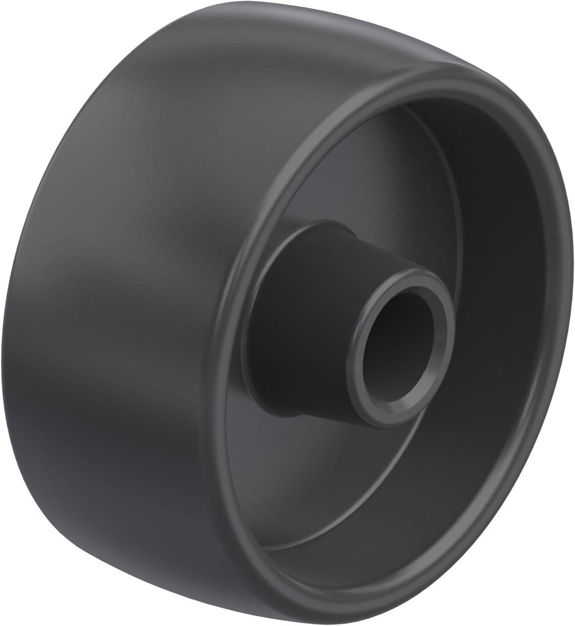Schwarzes Kunststoffrad, glatt und zylindrisch, geeignet für Möbel oder kleine Geräte.