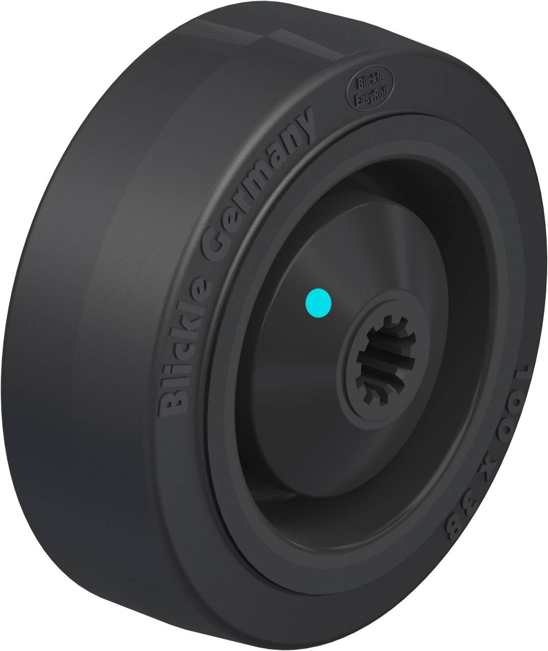 Schwarzes Rad mit zentralem Zahnradmuster. Beschriftung 'Blickle Germany'. Kleiner blauer Punkt an der Seite.