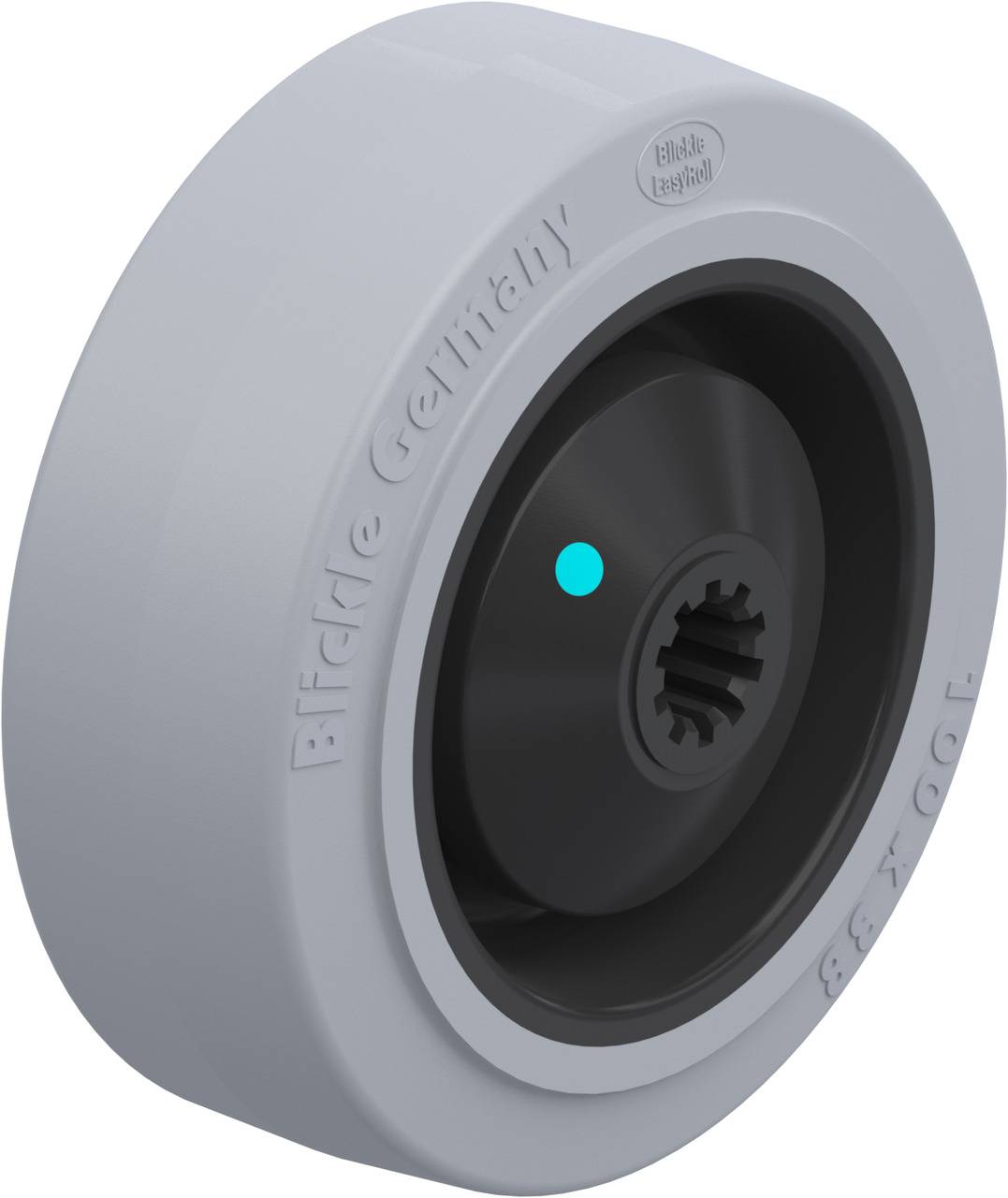 Weißes, rundes Bauteil mit schwarzem Innenstück und einem kleinen, blauen Punkt in der Mitte.