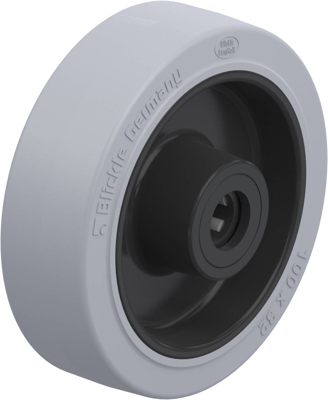 Graues Laufrollenrad mit schwarzem Einsatz, Prägung 'Blickle Germany', Größe 100 x 32 mm, industrielles Design.