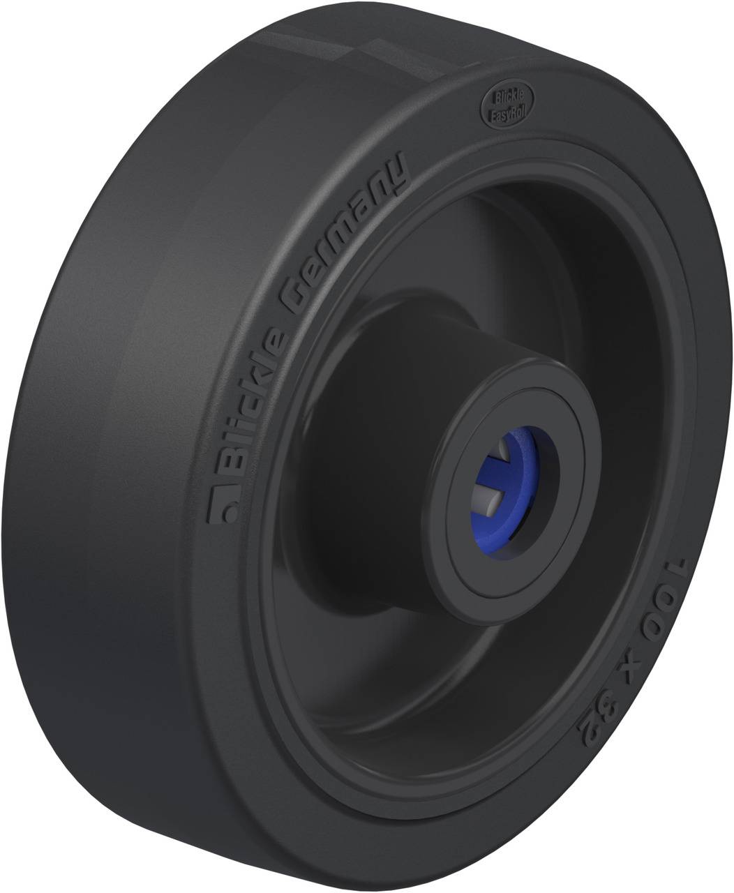 Ein schwarzes Rad mit blauer Nabe, beschriftet mit 'Blickle Germany'. Geeignet für industrielle Anwendungen.