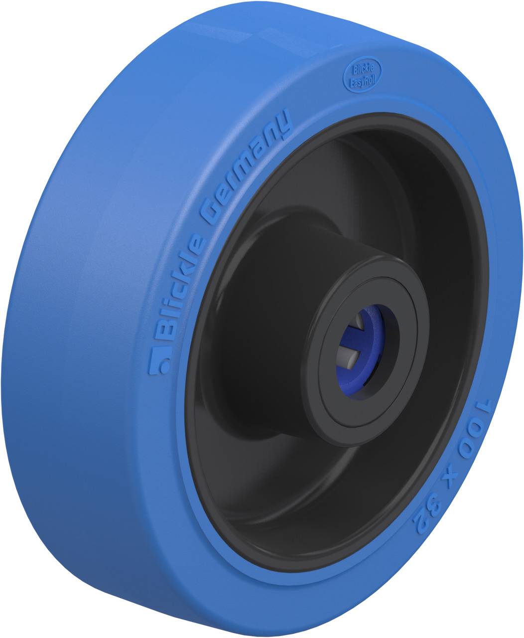 Blaues Rad mit schwarzem Innenring, Aufschrift 'Blickle Germany'. Geeignet für Industrieanwendungen.