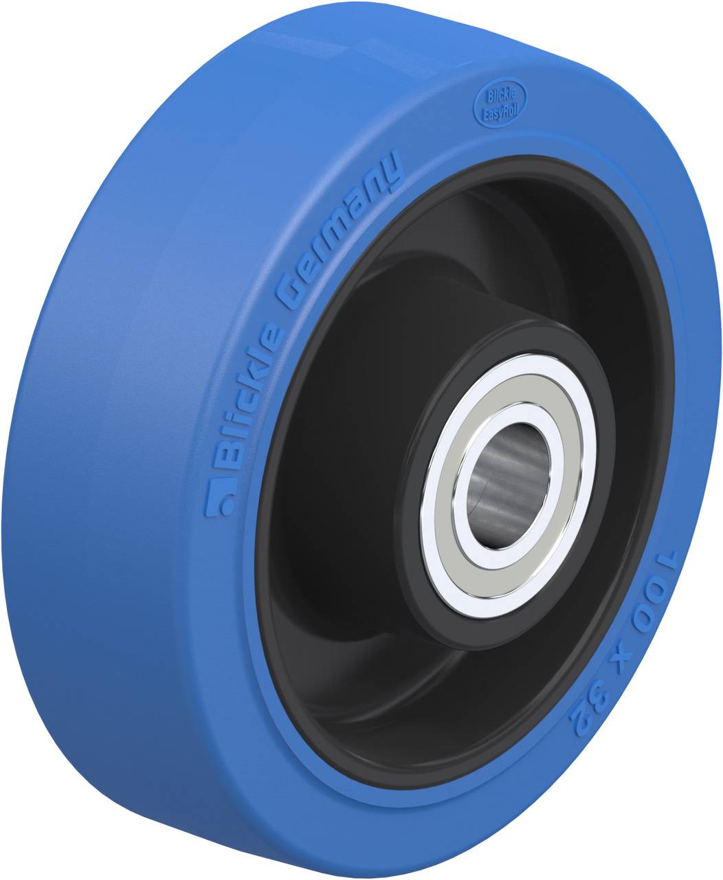 Ein blaues Rad mit silbernem Kugellager, hergestellt von 'Blickle Germany'.