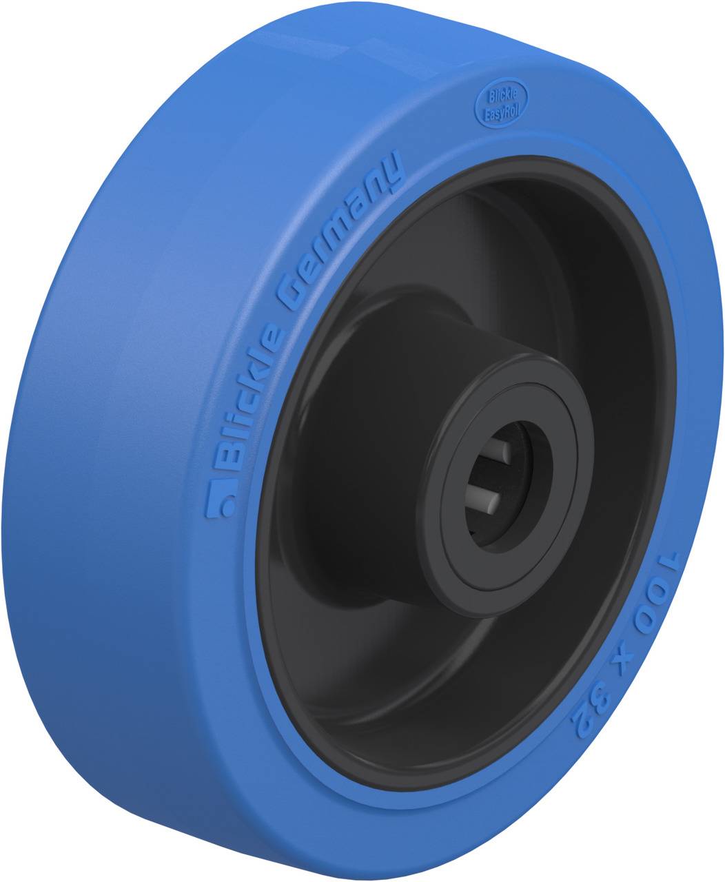 Blaues und schwarzes Rad mit der Aufschrift 'Blickle Germany', Größe '100 x 32', geeignet für Anwendungen mit schweren Lasten.