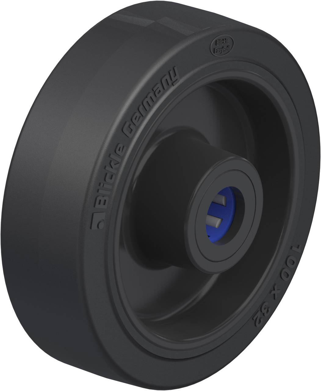 Schwarzes Kunststoffrad mit blauer Lagerung, Aufschrift 'Blickle Germany'. Geeignet für industrielle Anwendungen.