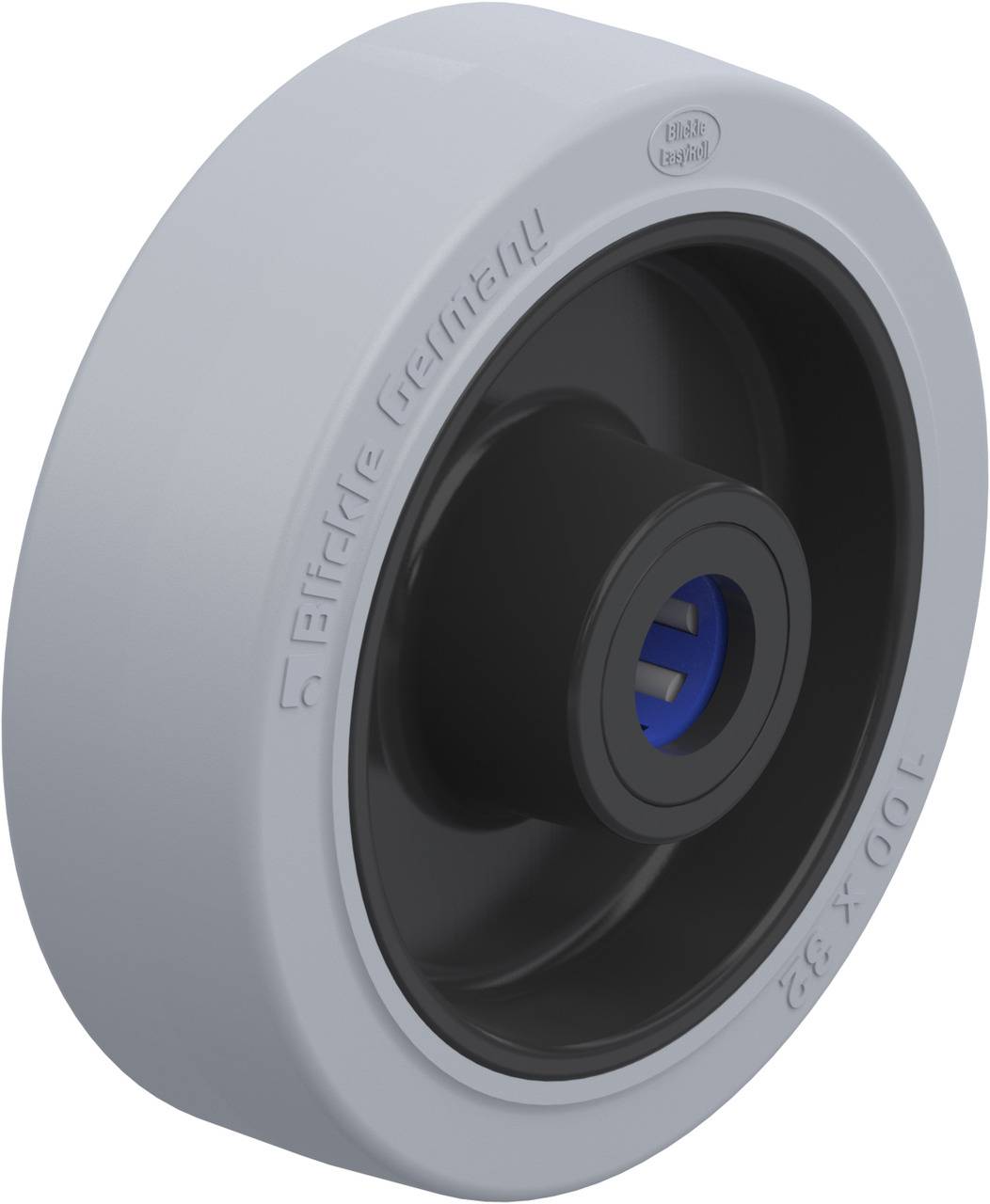 Ein rundes graues Rad mit schwarzem Innenteil und blauer Nabenabdeckung. Aufschrift: 'Blickle Germany 100x32'.