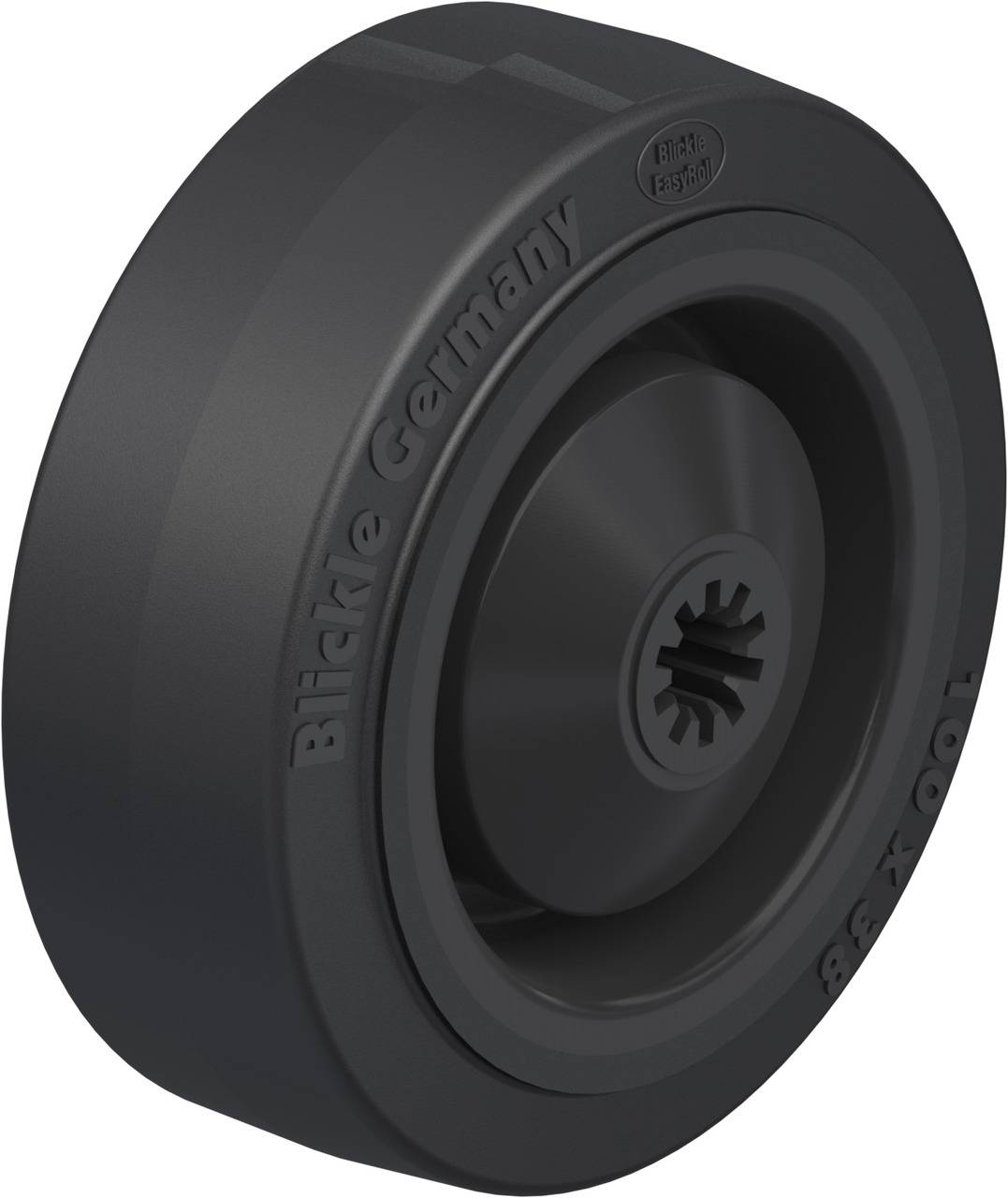 Schwarzes Rollenrad mit der Aufschrift 'Blickle Germany' an der Seite.