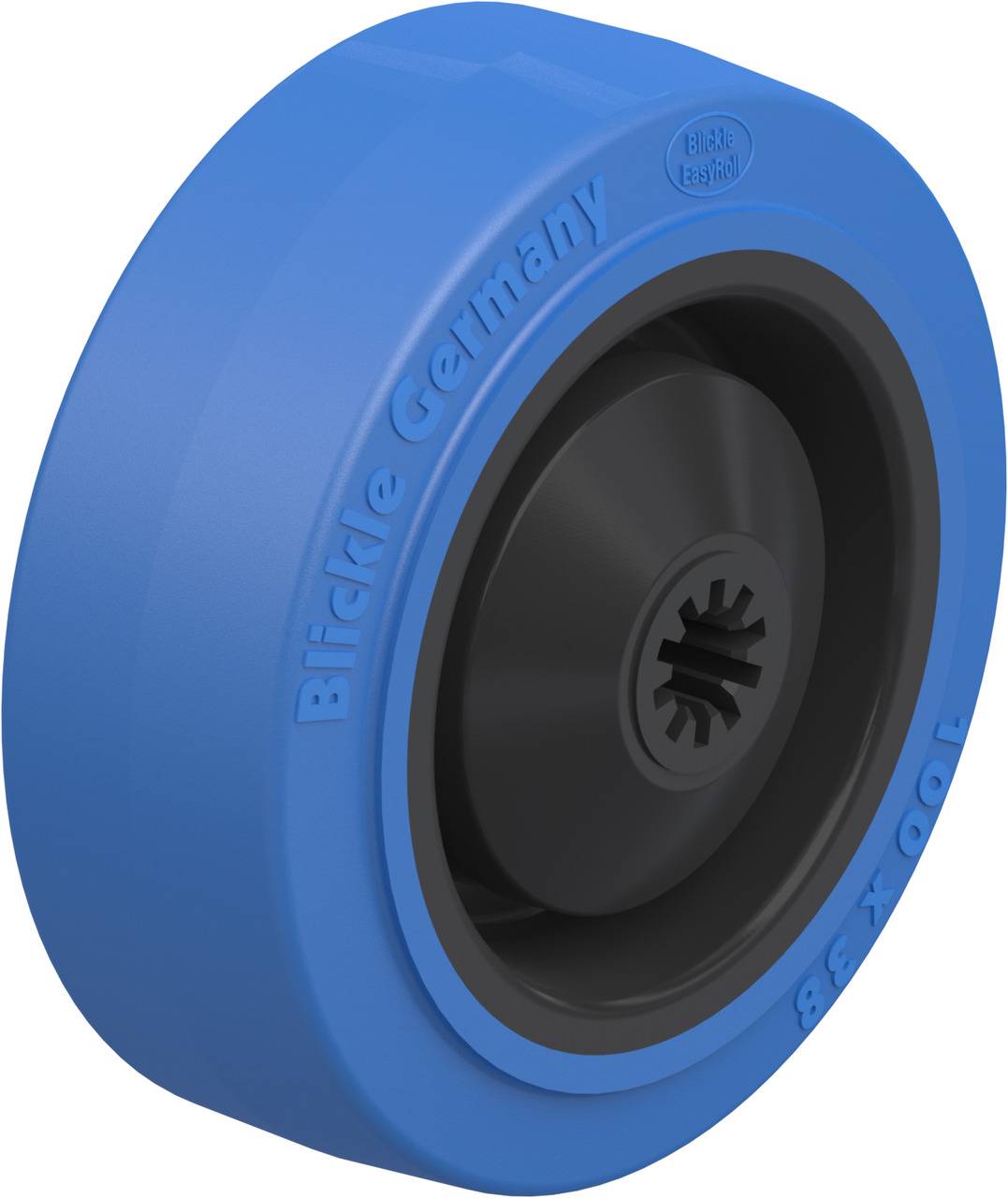 Ein blaues Rad aus Kunststoff, gekennzeichnet mit 'Blickle Germany'. Es ist ein schwerlastfähiges Rad, geeignet für den industriellen Einsatz.