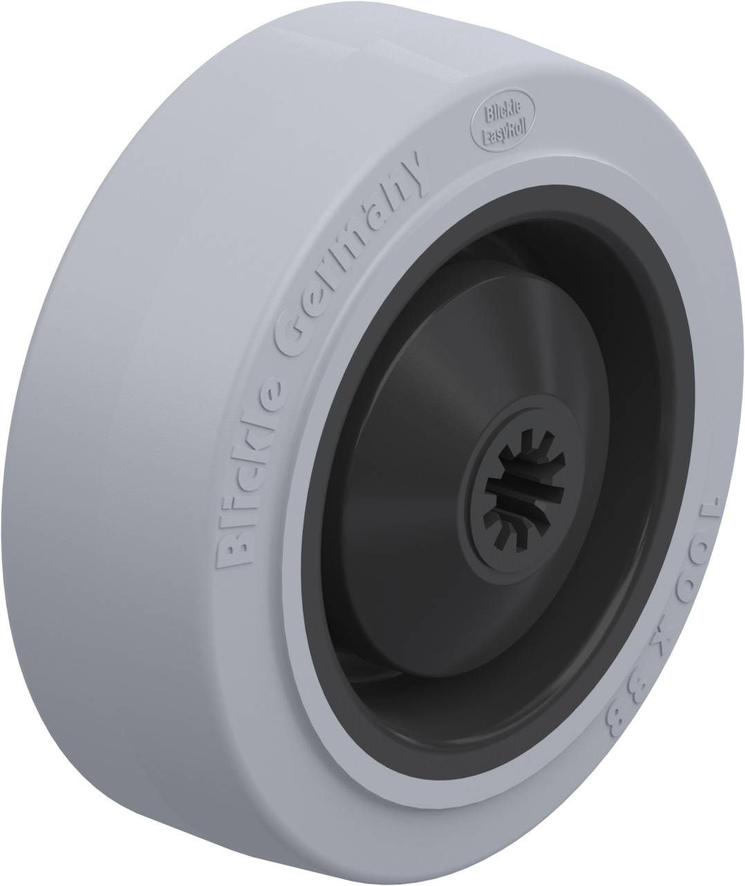 Graues Rad mit schwarzem Innenring, Aufschrift 'Blickle Germany'.