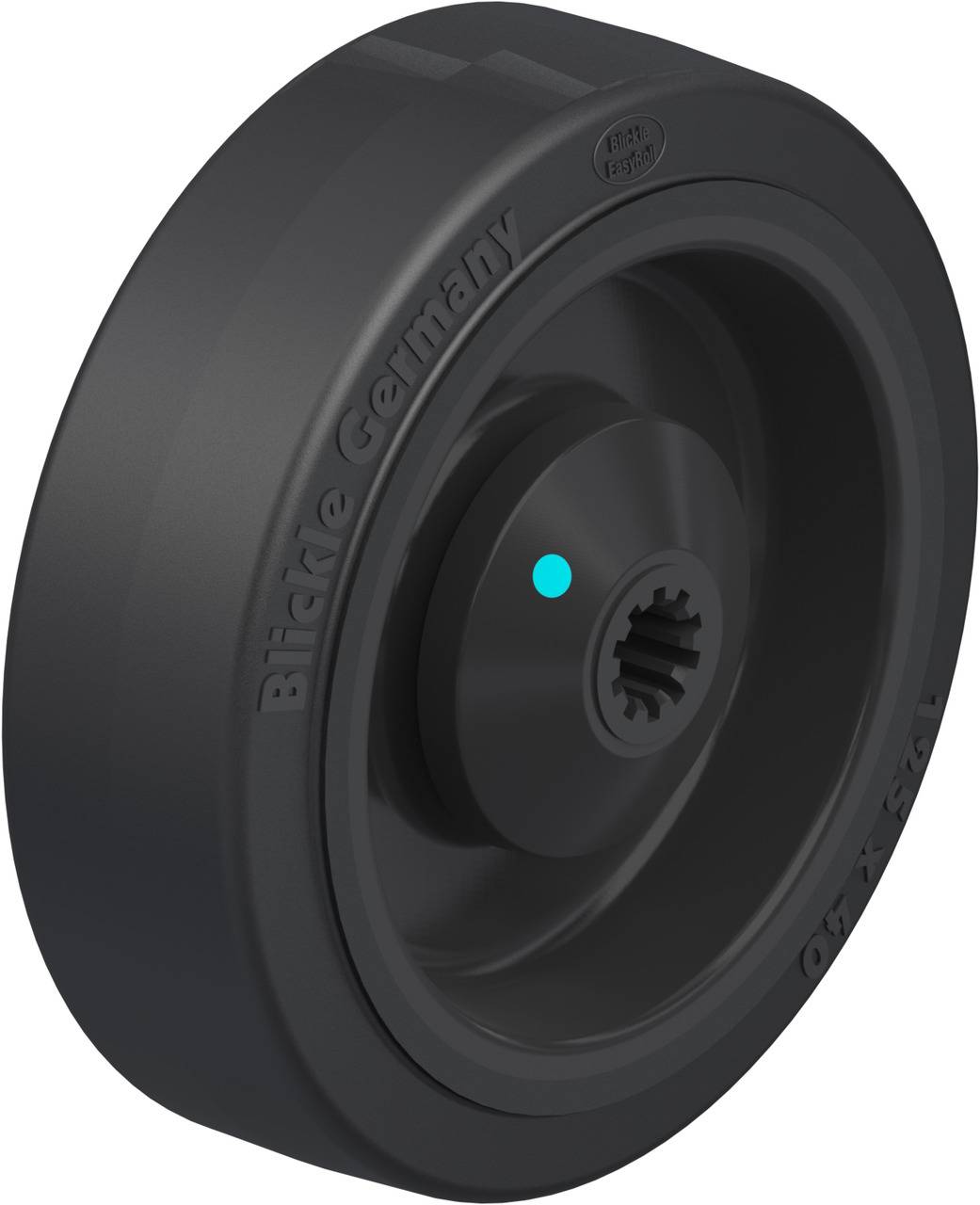 Industrielles Rad aus schwarzem Kunststoff mit Schriftzug 'Blickle Germany' und einem zentralen Loch für Montagezwecke.