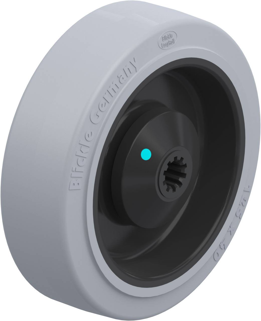 Kunststoffrad mit grauem Gehäuse und schwarzer Innenfläche. Text auf dem Rad lautet 'Blickle Germany'. Geeignet für industrielle Anwendungen.