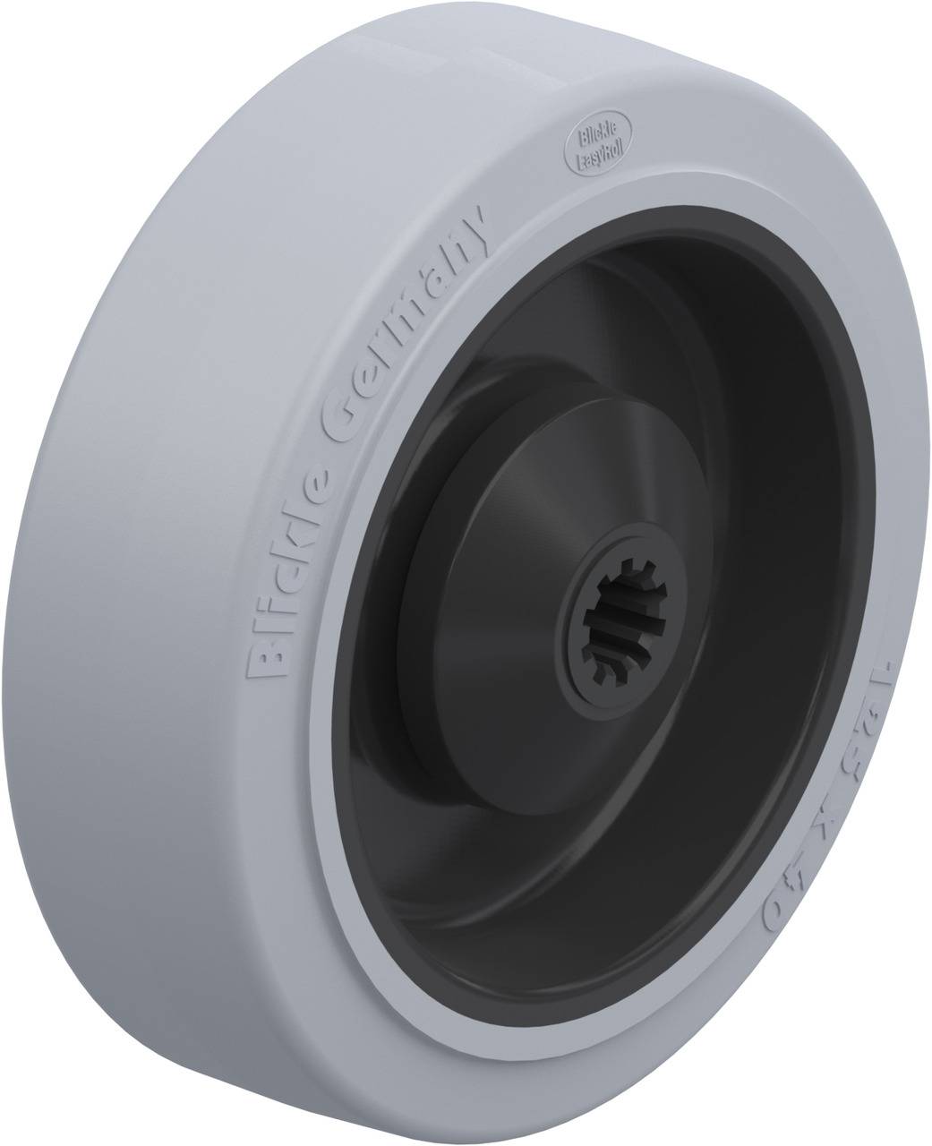 Graues Kunststoffrad mit schwarzem Innenring, Markierung 'Ball transfer' und Aufschrift 'Blickle Germany'.