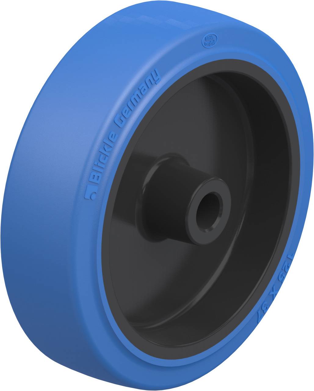 Blaues Kunststoffrad mit grauer Nabe, geeignet für Industrieanwendungen, seitlich mit Aufschrift 'Blickle Germany'.