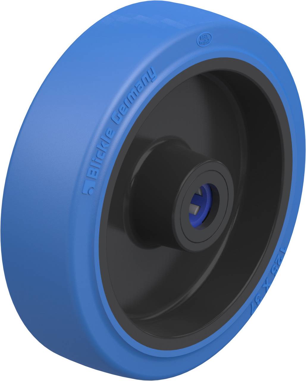 Ein blaues Rad mit glattem Profil, schwarzer Felge und einer Achsöffnung in der Mitte, geeignet für den industriellen Einsatz.