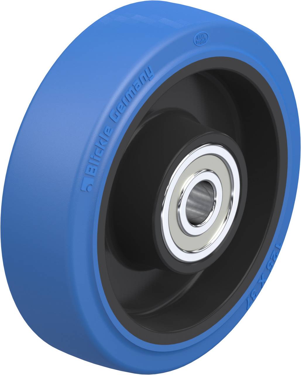 Blaues Industrie-Laufrad mit schwarzem Innenkern und Metalllager. Eingeprägter Text: 'Blickle Germany'.