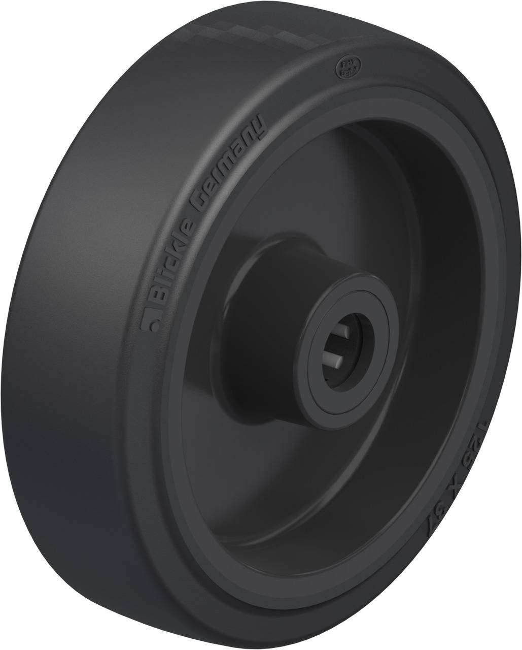 Ein schwarzes Kunststoffrad mit Bordscheibe und Nabenloch, geeignet für Transportgeräte. Robust und langlebig für industrielle Anwendungen.