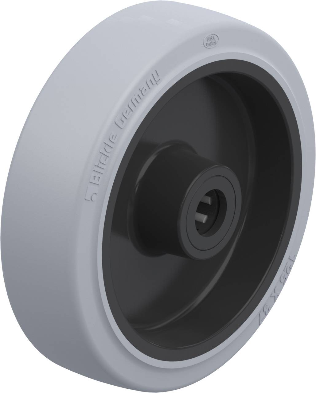 Graues Kunststoffrad mit schwarzem Innenring, geeignet für Rollen oder Fahrzeuge. Schriftzug am Rand weist auf Produktion in Deutschland hin.