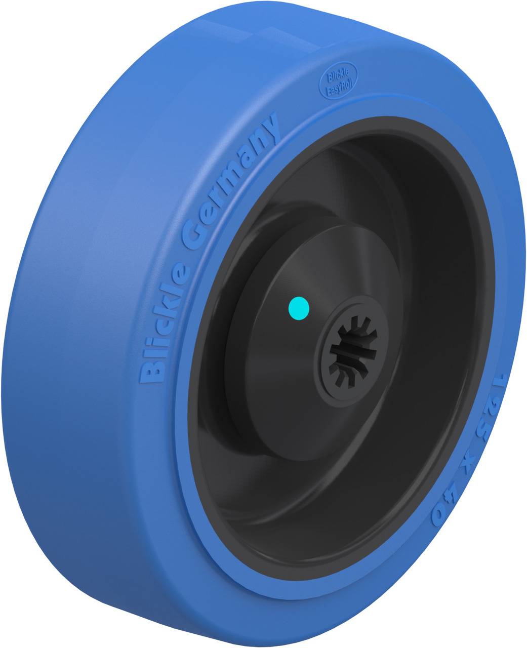 Blaues Rad mit schwarzer Nabe und geprägtem Text 'Blickle Germany'. Geeignet für Transportwagen oder Schwerlastanwendungen.