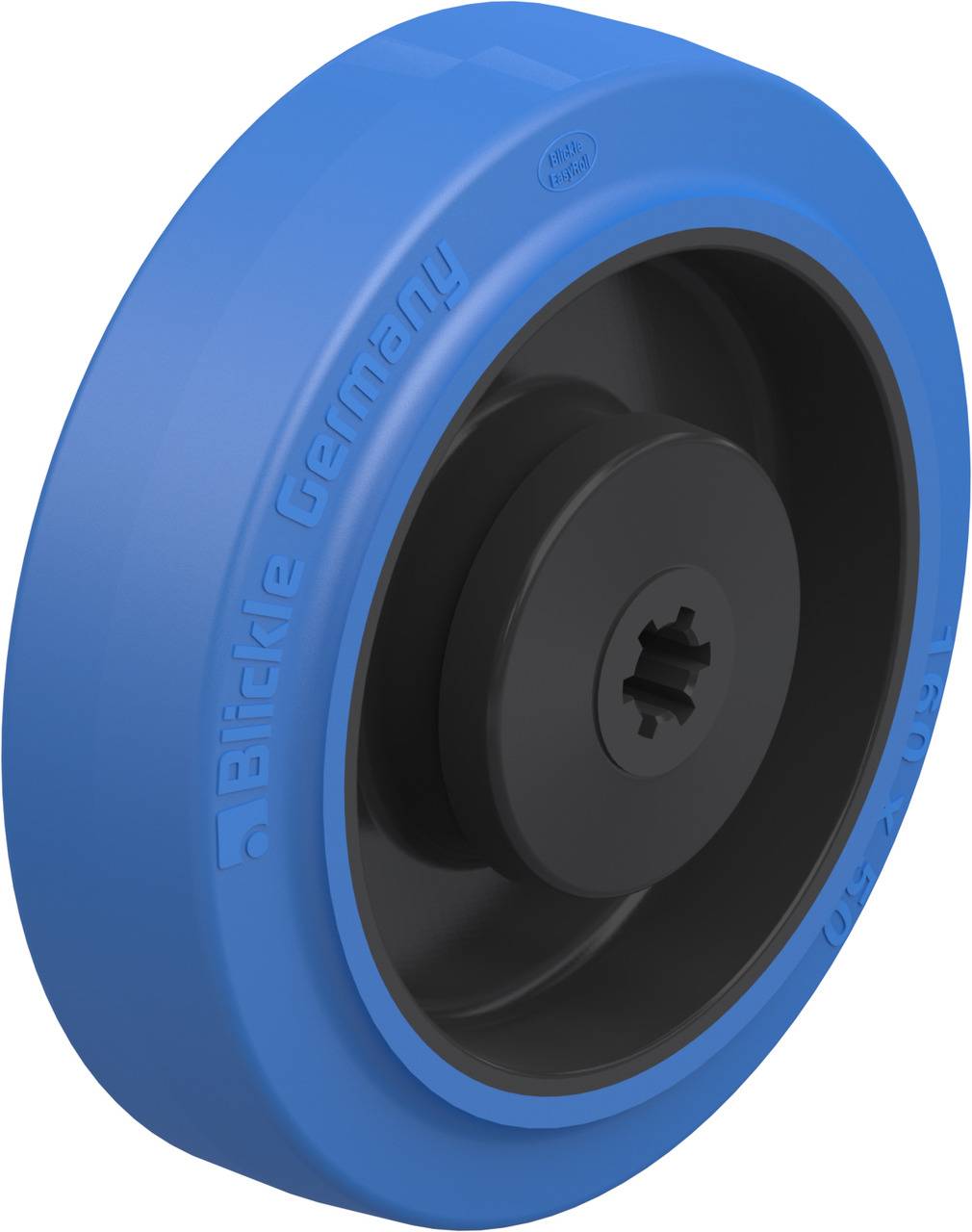 Blau-schwarzes Rad mit der Aufschrift 'Blickle Germany' an der Seite.
