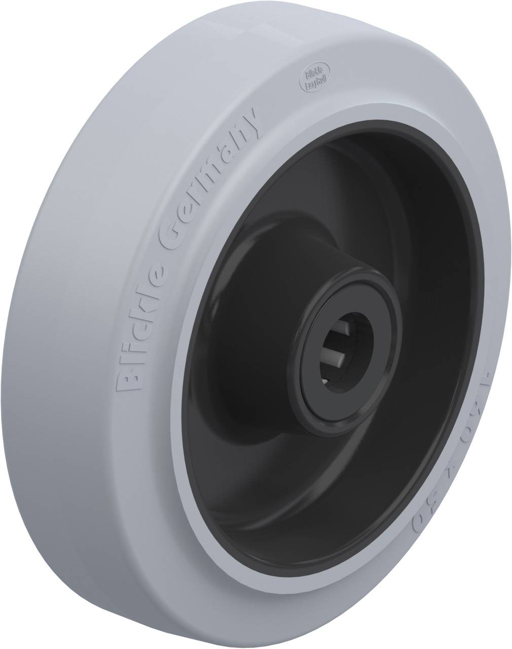 Ein graues und schwarzes Kunststoffrad, geeignet für industrielle Anwendungen, mit der Aufschrift 'Blickle Germany'.