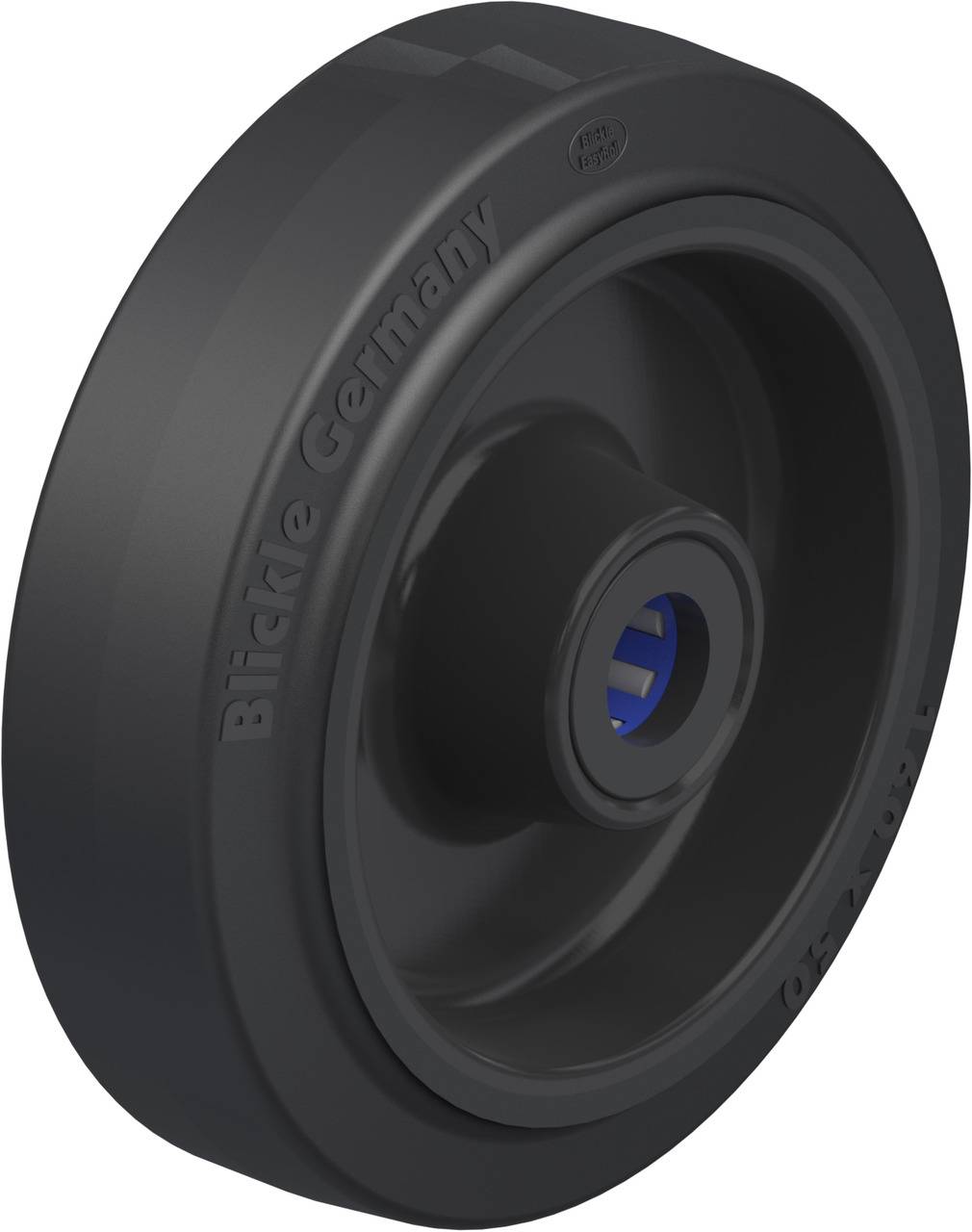 Schwarzes Rad mit der Aufschrift 'Blickle Germany', aus Kunststoff, geeignet für schwere Lasten.