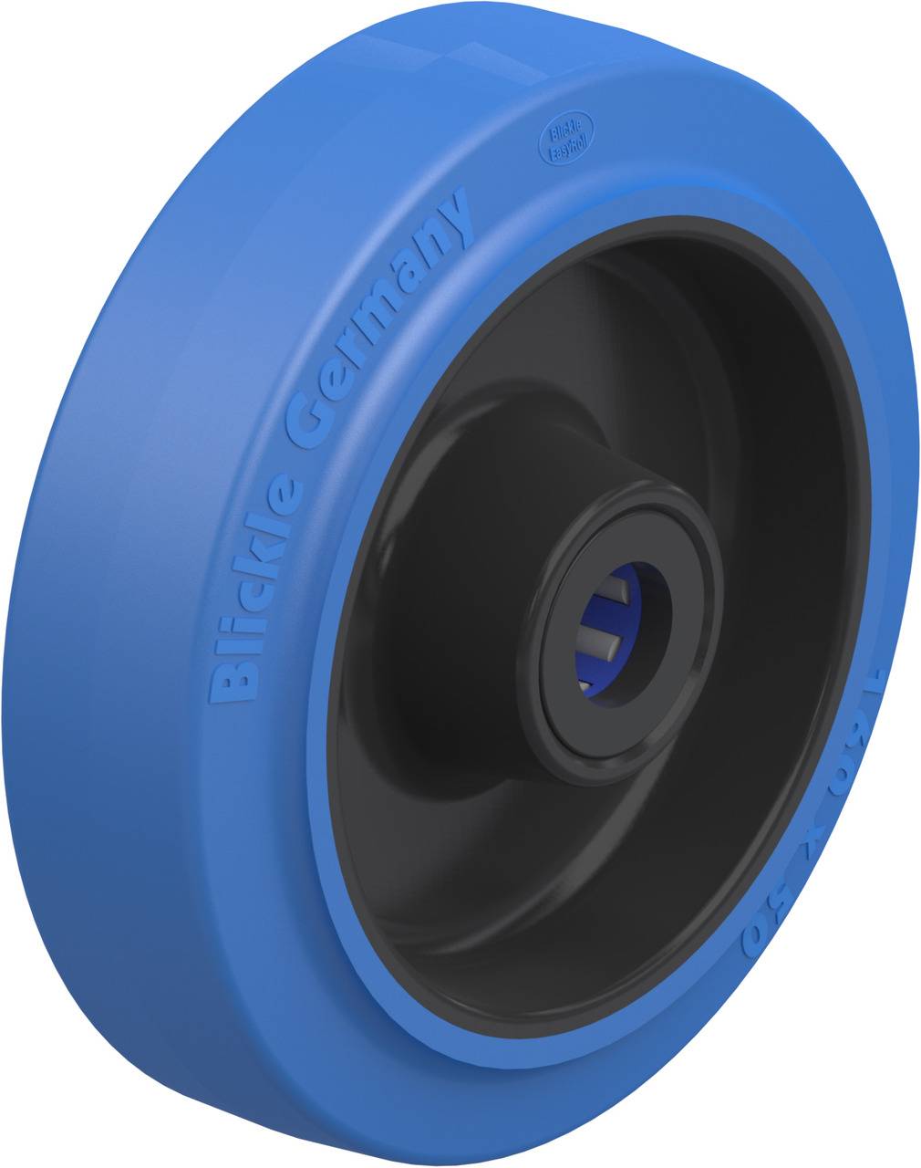 Blaues und schwarzes Rad von Blickle Germany, aus Kunststoff, geeignet für Rollen oder Transportwagen.