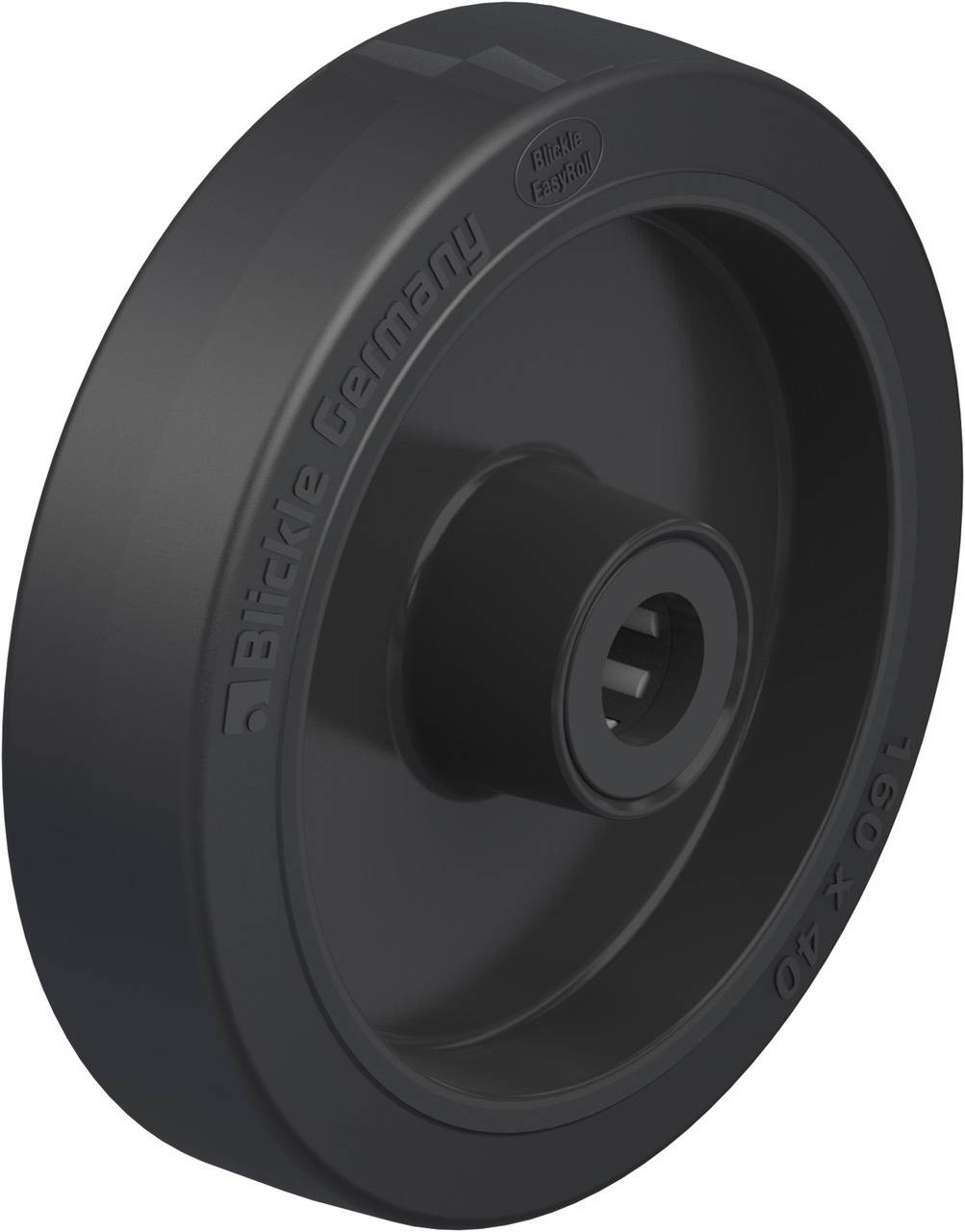 Schwarzes Rad aus Kunststoff mit der Aufschrift 'Blickle Germany'. Orientiert sich an industriellen Anwendungen.