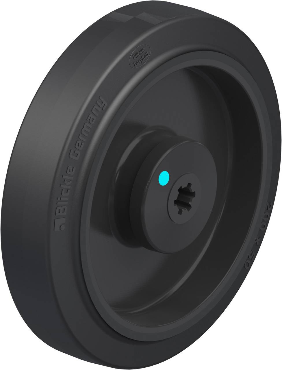 Schwarzes Kunststoffrad mit eingeprägter Schrift 'Blickle Germany'. Enthält eine zentrale Buchse.