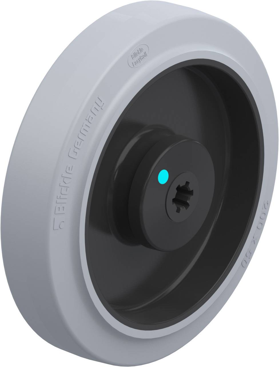 'Rollenrad, weiß mit schwarzem Zentrum, seitliche Prägung mit Schriftzug 