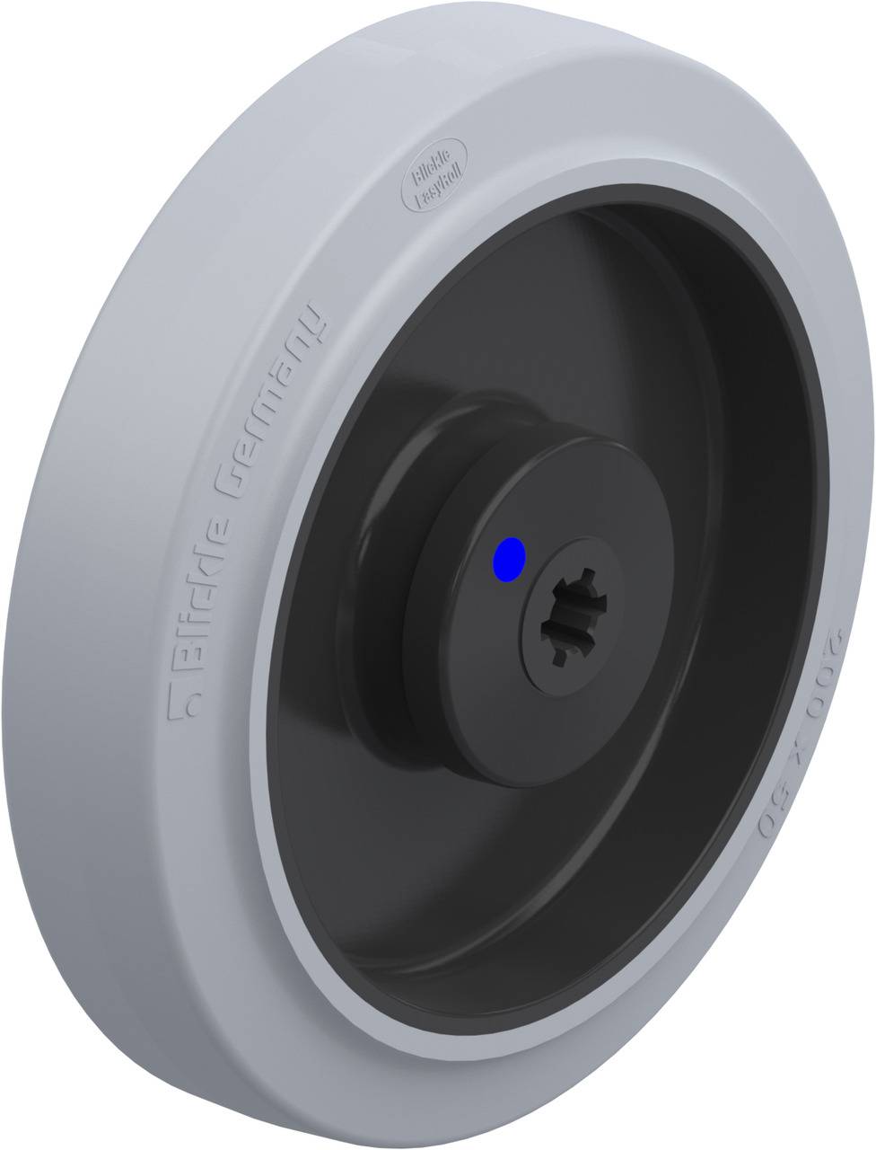 Graues Rad mit zentralem schwarzen Nabenbereich und blauem Punkt. 'Blickle Germany' geprägt am Rand. Mechanisches Bauteil.