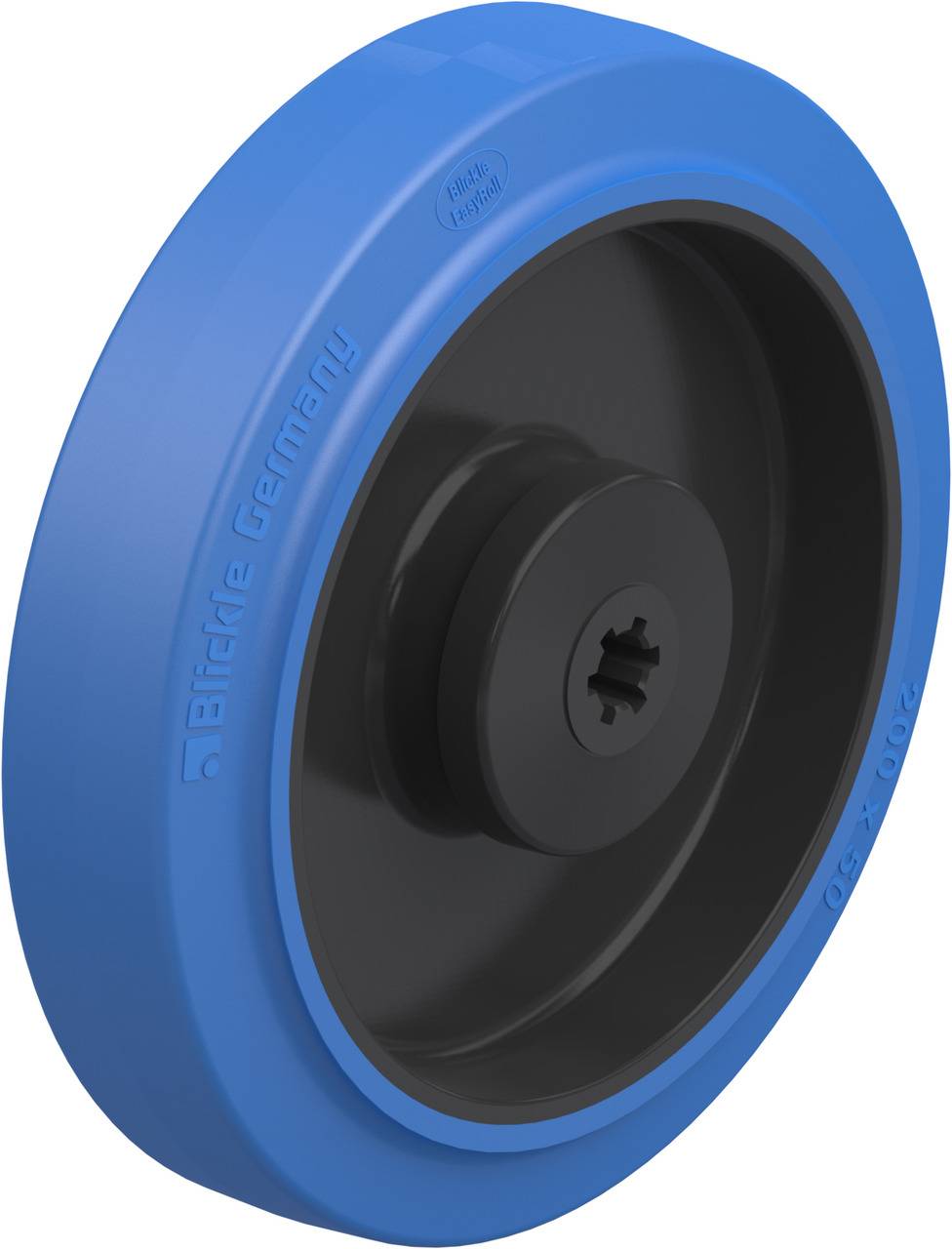Ein blaues Rad mit schwarzem Kern, hergestellt von Blickle Germany, geeignet für Rollwagen oder Transportgeräte.