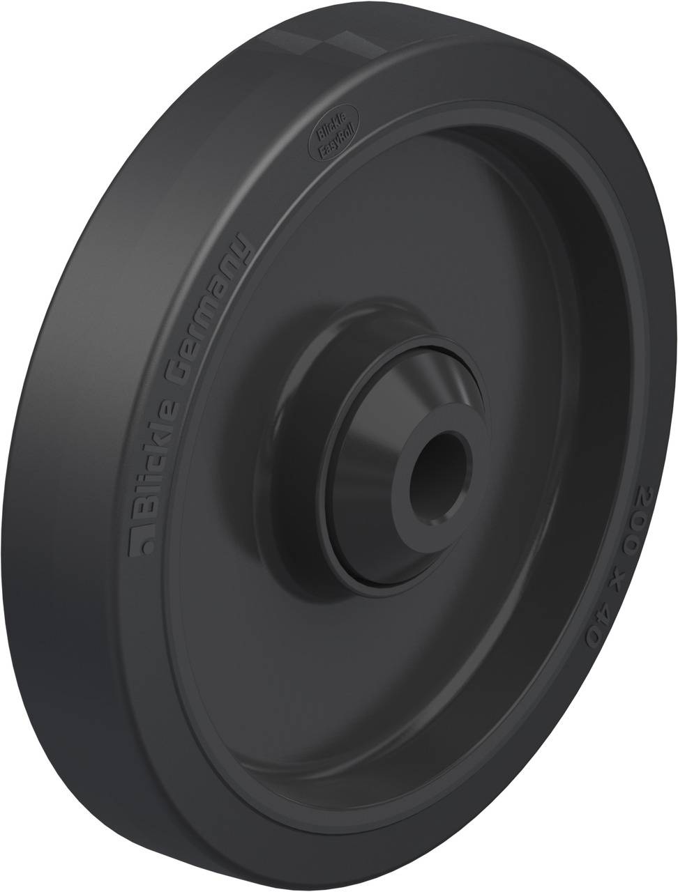 Schwarzes Industrierad aus Kunststoff mit glatter Oberfläche, zentralem Loch und erhabener Beschriftung 'Blickle Germany' am Rand.