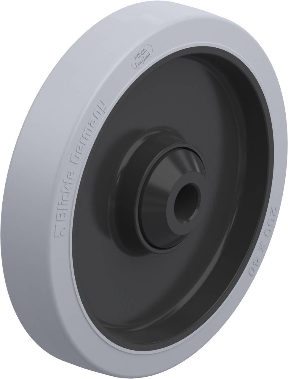 Ein Rad mit schwarzem Innenbereich und hellem Außenring, oft für industrielle Anwendungen genutzt. Markierung 