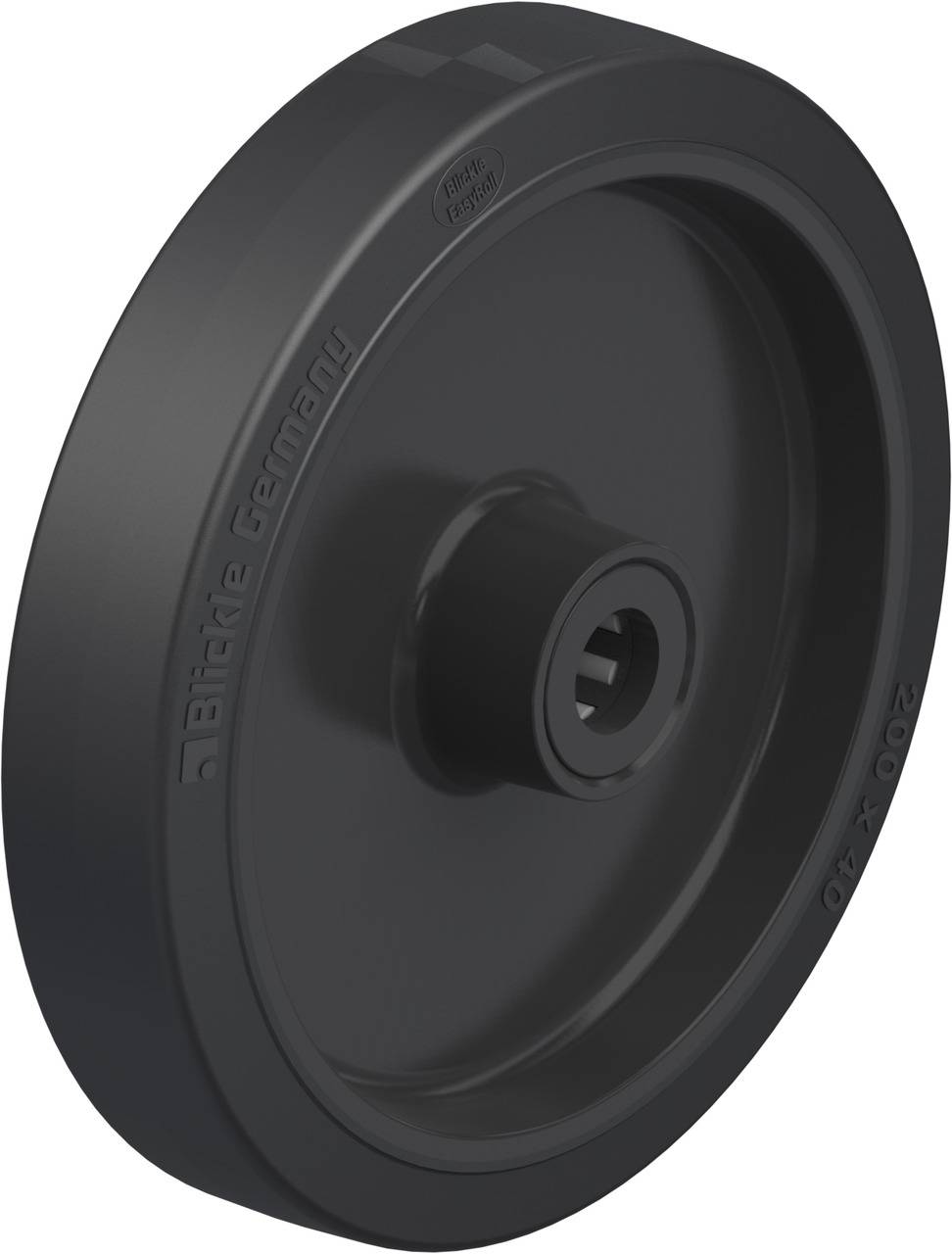 Graues Rad aus Kunststoff mit zentraler Achsaufnahme und Seitenprägung 'Blickle Germany'.