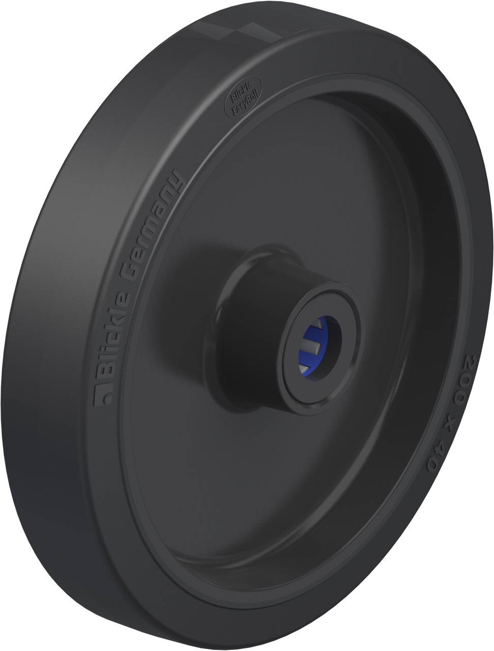 Schwarzes Kunststoffrad mit blauem Innenteil, Aufschrift '200 x 40' und 'Blickle Germany'. Verwendet für Transportwagen oder Geräte.