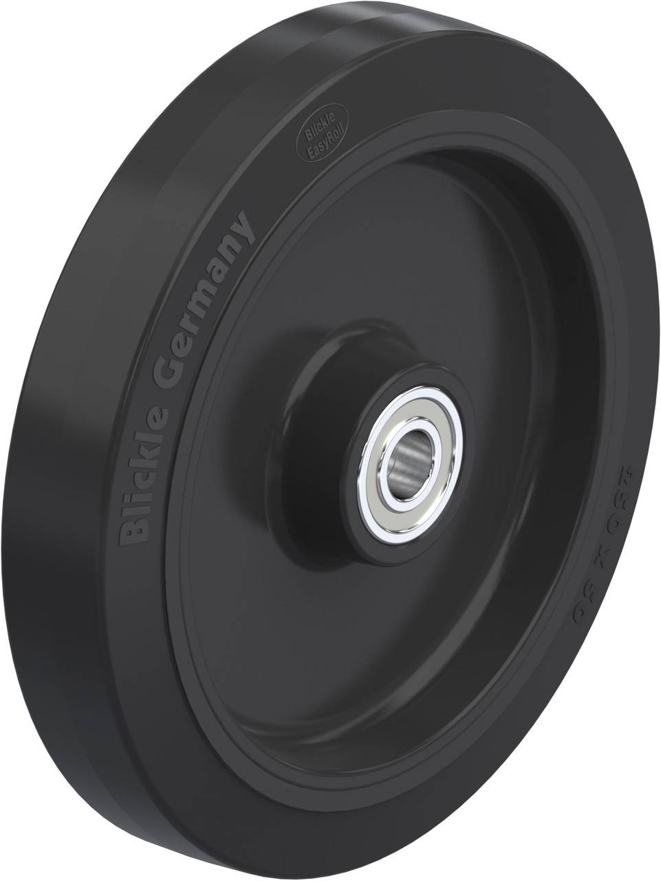 Schwarzes Rad mit Metallkern und Kugellager, Aufschrift 'Blickle Germany' seitlich.