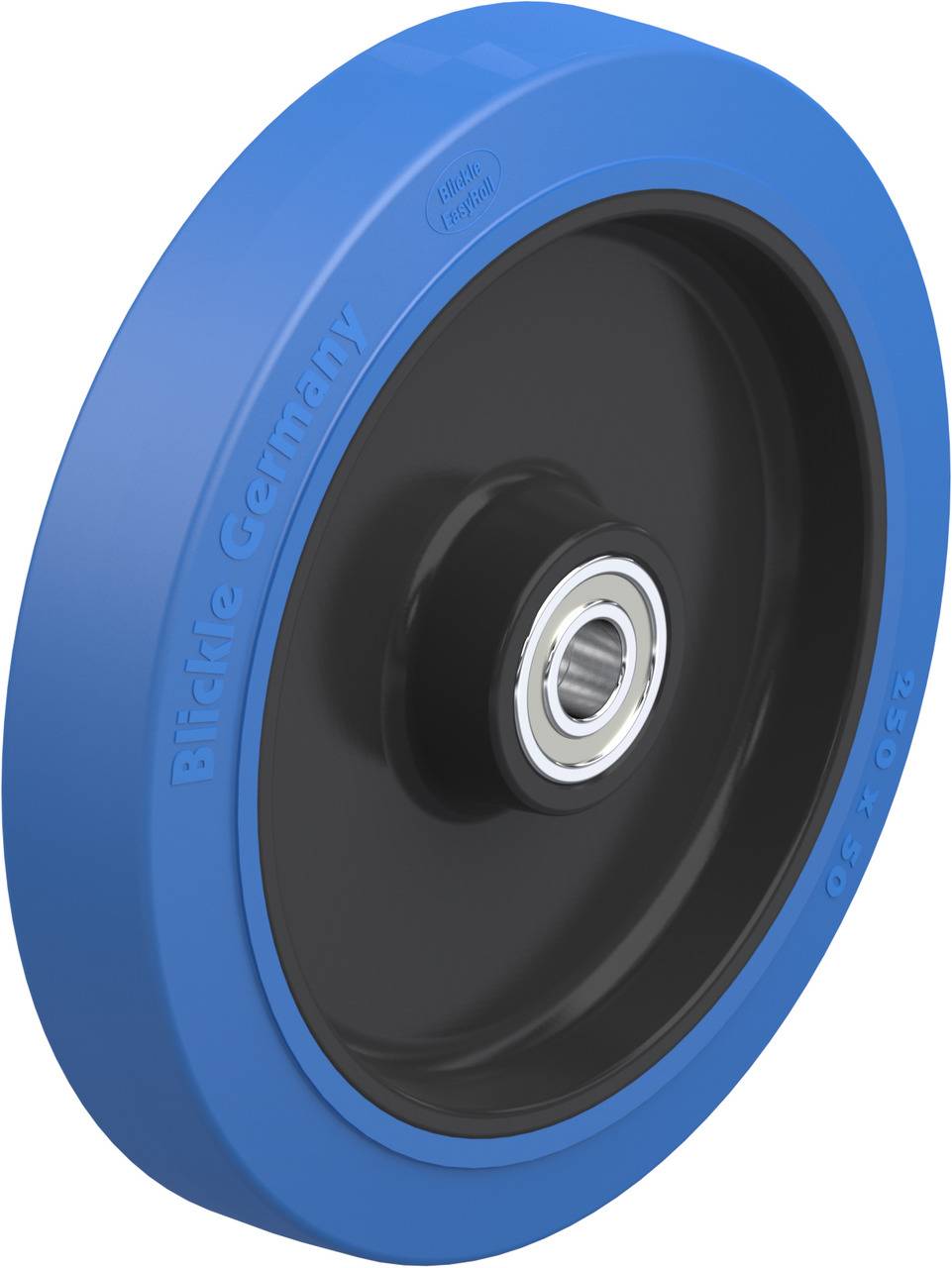Blaues Rad mit schwarzer Felge und Kugellager, Aufschrift Blickle Germany, Größe 250 x 50.