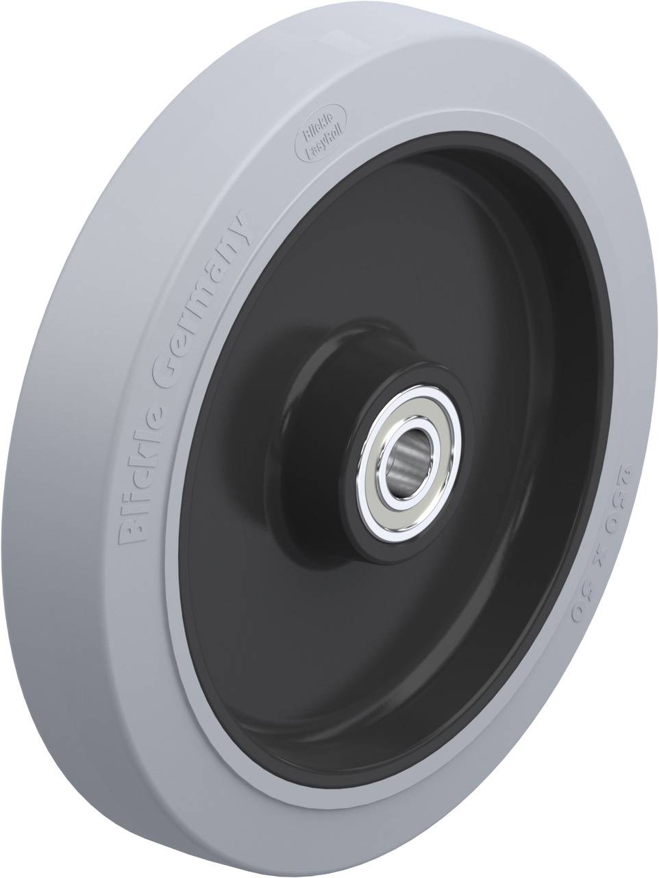 Ein graues Rad mit schwarzem Zentrum und eingearbeitetem Kugellager. Auf dem Rand steht 'Blickle Germany'.