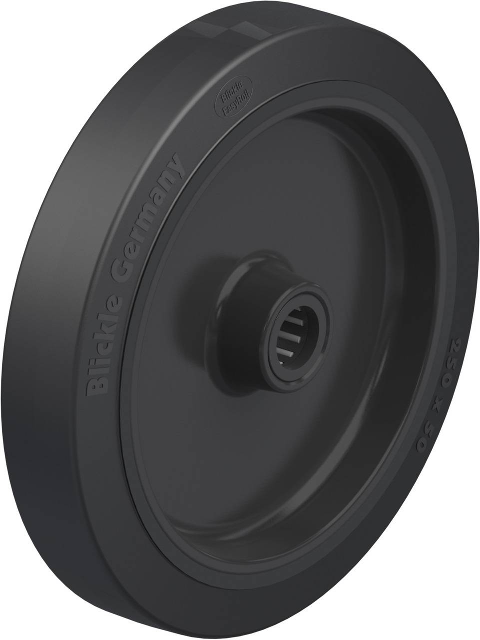 Schwarzes Rad mit der Aufschrift 'Blickle Germany', spitz angeschlossen an einer Achse, Durchmesser- und Größenangaben erkennbar.