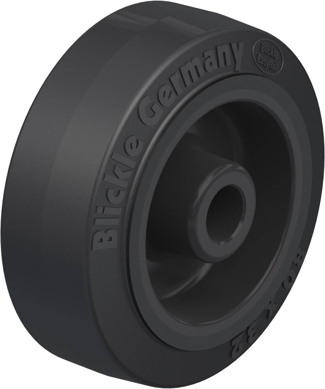 Schwarzes Industriekunststoffrad mit Prägung 'Blickle Germany' und 'Blickle EasyRoll', geeignet für schwere Lasten.