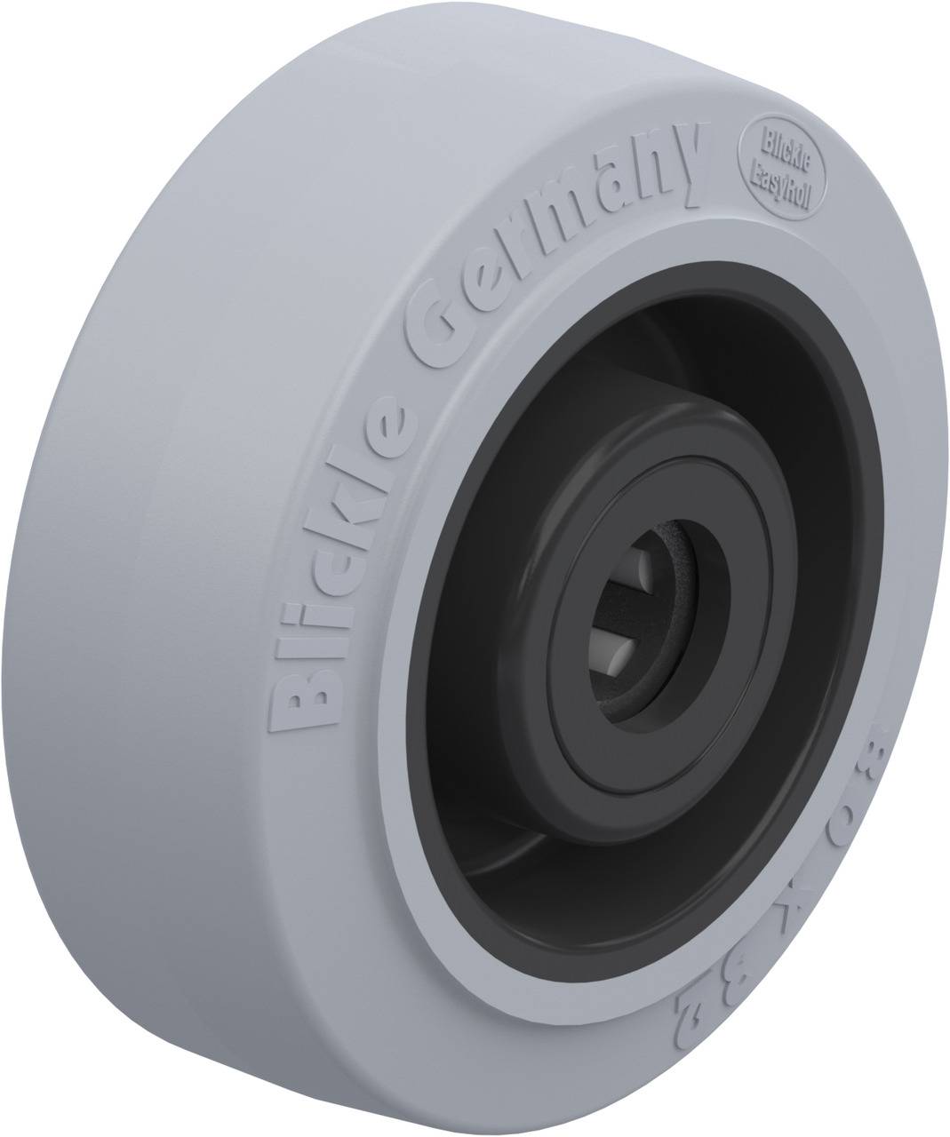 Graues Kunststoffrad mit schwarzer Nabe, die Aufschrift 'Blickle Germany' ist auf der Seitenfläche erkennbar.