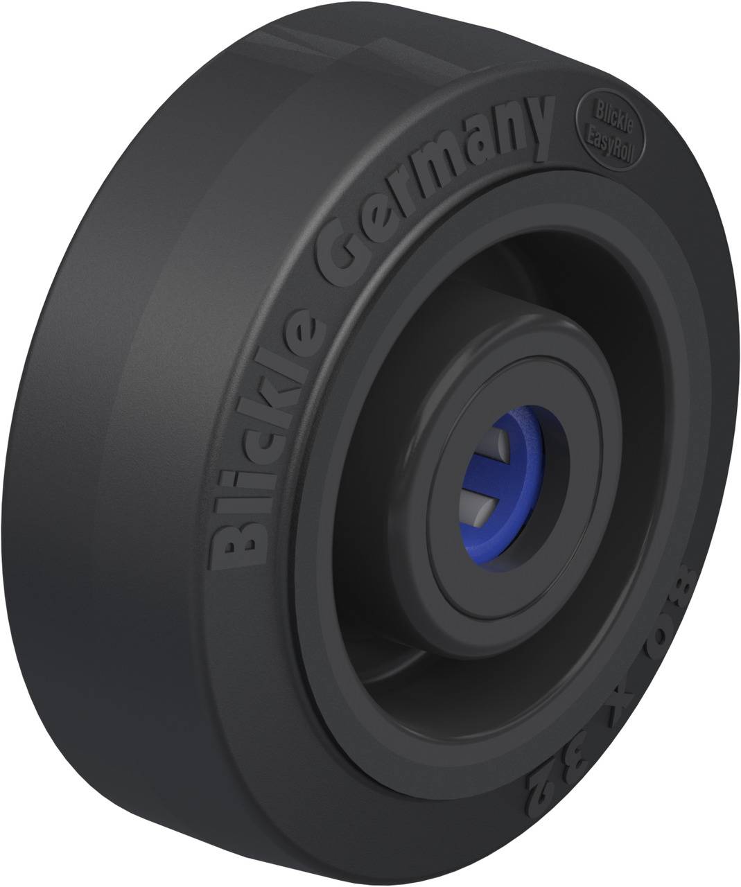 Schwarzes Rad mit blauer Rundabdeckung in der Mitte, geprägt mit 'Blickle Germany' und 'Blickle Easyroll'.