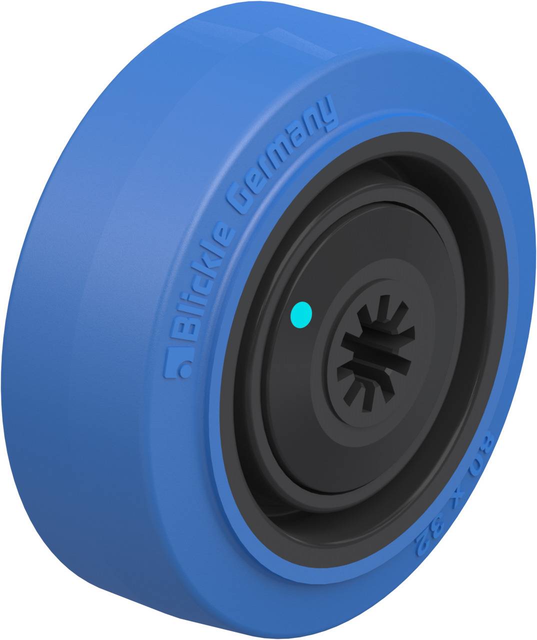 Blaues Rad mit schwarzem Kern, seitlich abgebildet. Aufschrift: 'Blickle Germany' und '80x32'.