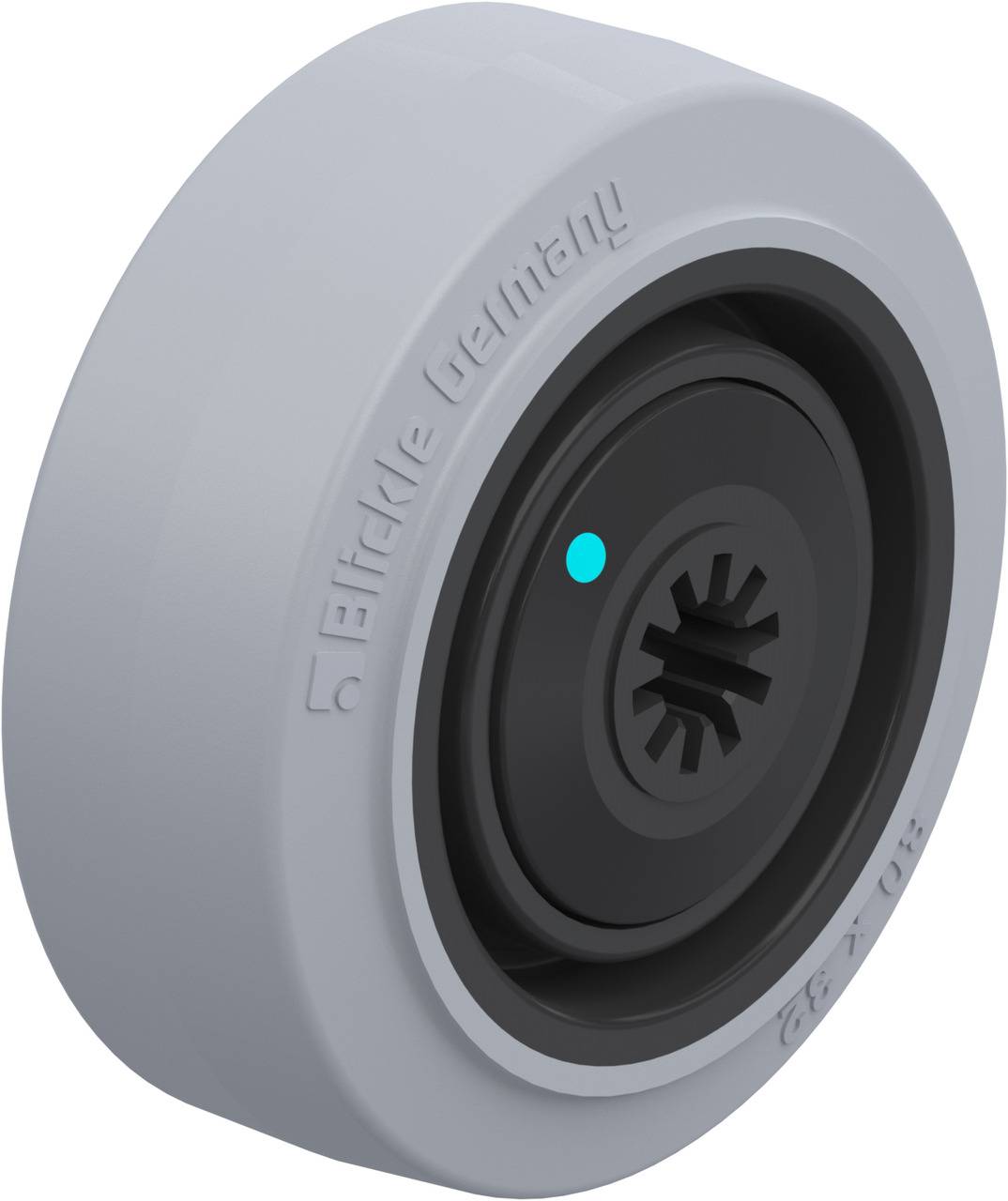 Graues Kunststoffrad mit schwarzer Innenfläche und gezahnter, zylindrischer Achsöffnung. Logo mit 'Effekte Germany' am Rand.