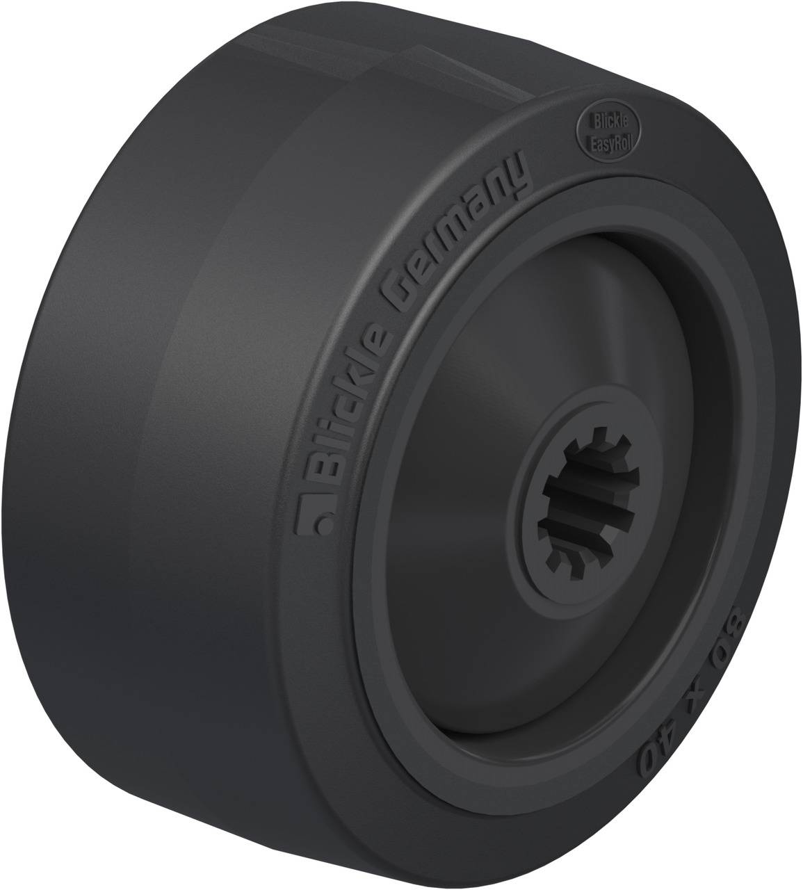 Schwarzes Kunststoffrad mit Verzahnung innen und Beschriftung 'Blickle Germany'.