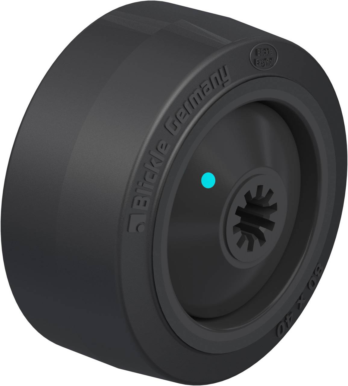 Schwarzes, rundes Kunststoffrad von 'Blickle Germany'. Enthält zentrales Zahnprofil und blauen Punkt als Markierung.