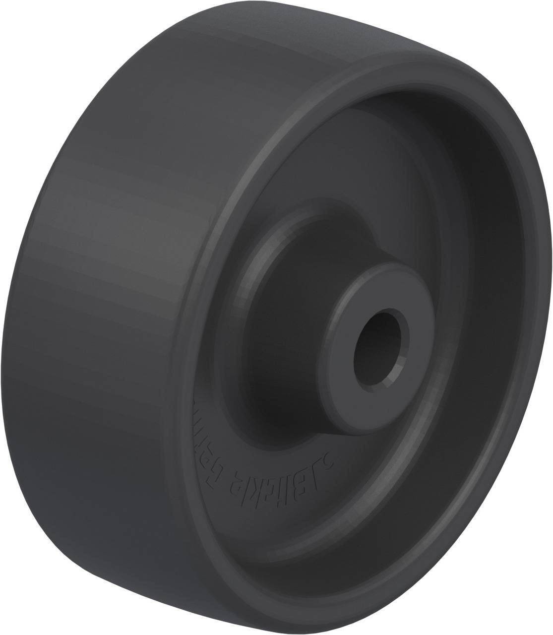 Schwarzes Kunststoffrad in Nahaufnahme, zylindrische Form mit Loch in der Mitte. Typische Verwendung in Rollen- oder Wagenanwendungen.