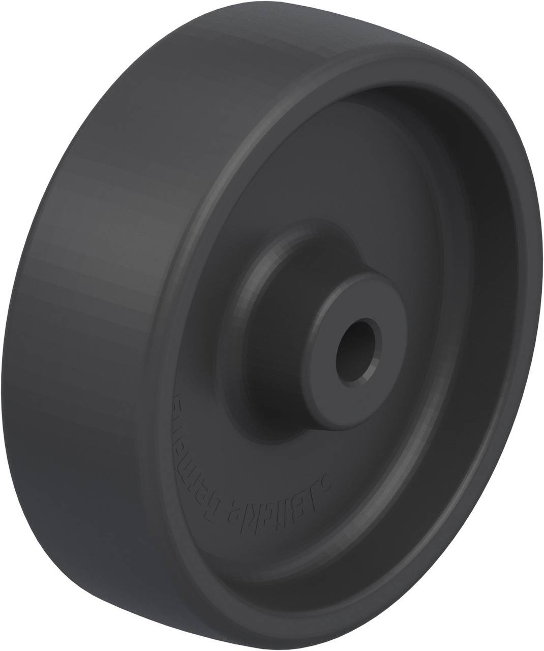 Schwarzes Kunststoffrad, zylindrisch, mit einer zentralen Öffnung zur Befestigung an Achsen. Geeignet für industrielle Anwendungen.